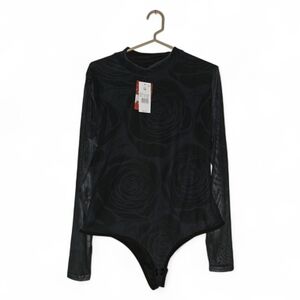 Womens Selena, Black Long Sleeve Bodysuit with Rose Pattern, 1x, NWT!!
